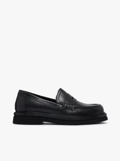Belmont Lug Penny Loafers Black Leather