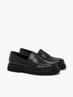 Belmont Lug Penny Loafers Black Leather
