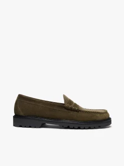 Weejuns Larson Lug Penny Loafers Combat Suede and Olive Corduroy