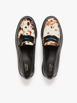 Whitney Super Lug Penny Loafers Black Leather with Cow Print